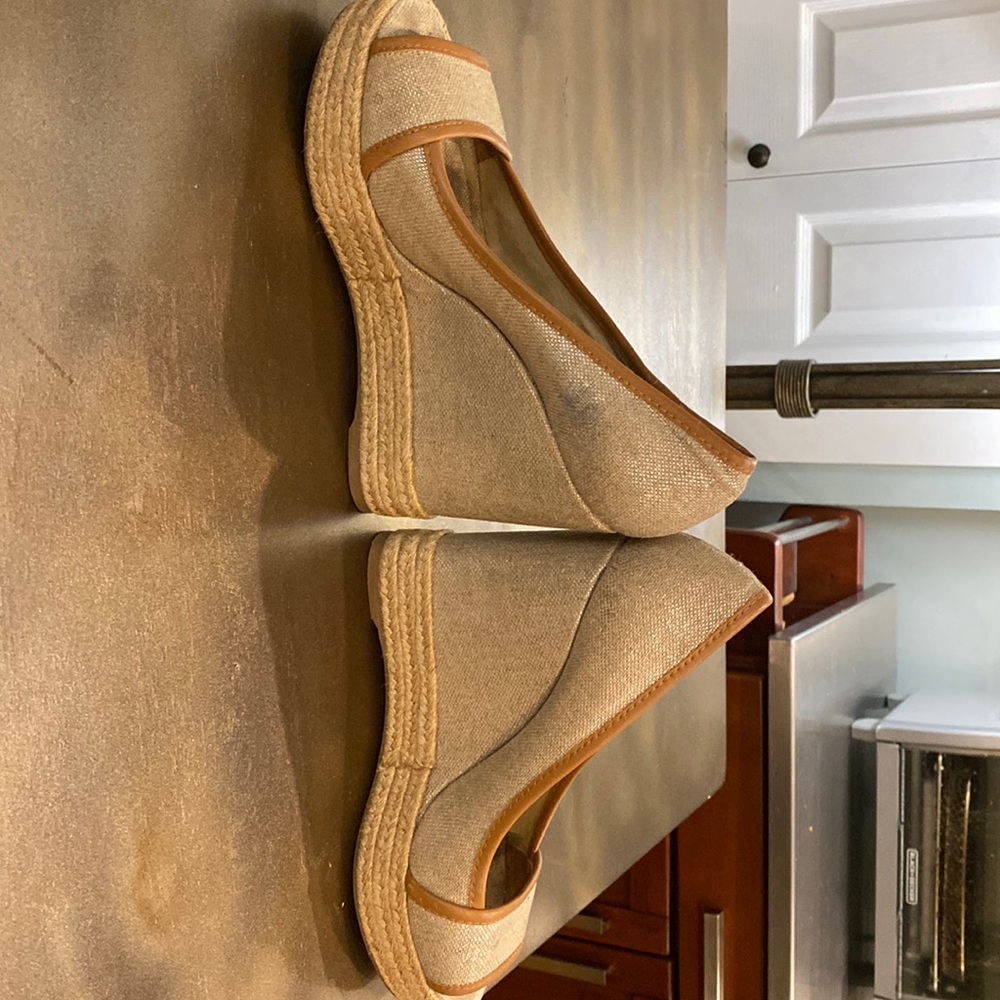Pre own Tory Burch Sally Peep Toe Wedge Shoe .